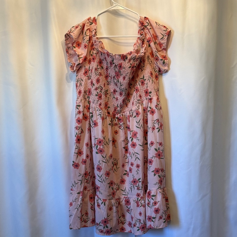 Floral Pink Dress with Ruffled Sleeves off the shoulder